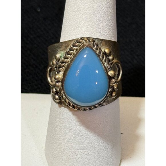Vintage Sterling Silver & Aqua Chalcedony Ring With Braided Detail Size 9 - Picture 1 of 8